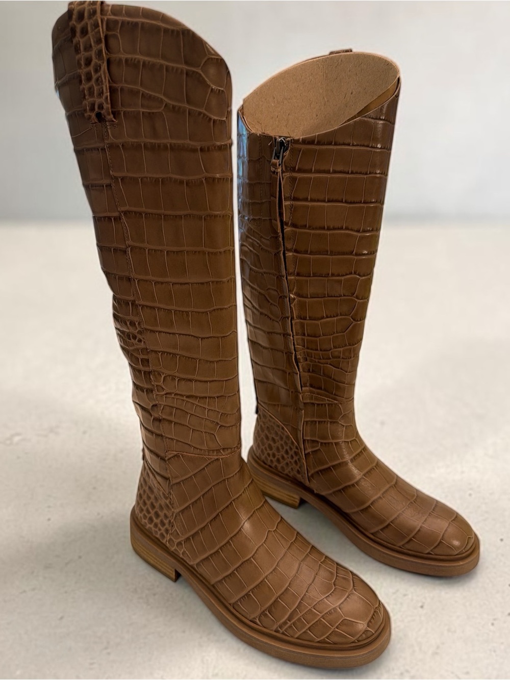 Sam Edelman Croc-Embossed Tall Riding Boots in Brown